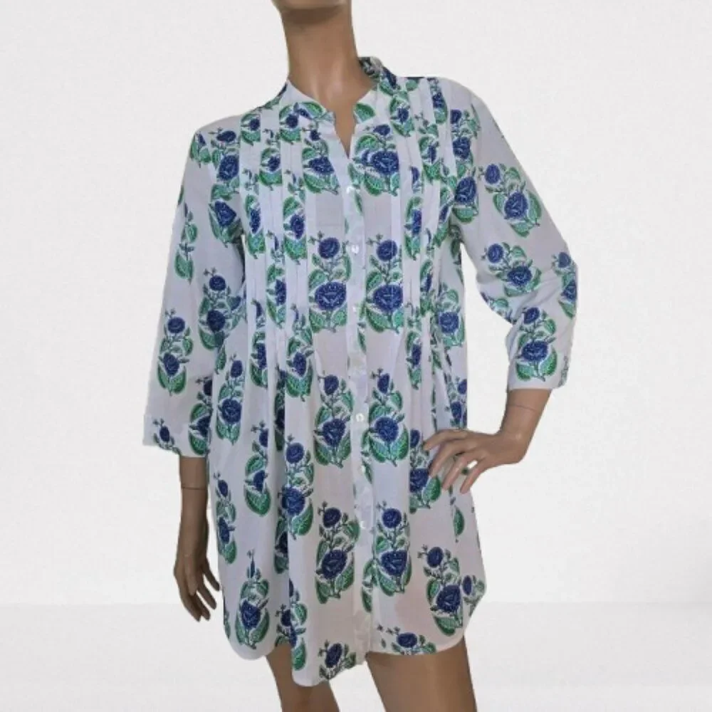 Mary Marshmallow Floral Print Tunic Dress Women Sz S Blue Green White All Cotton